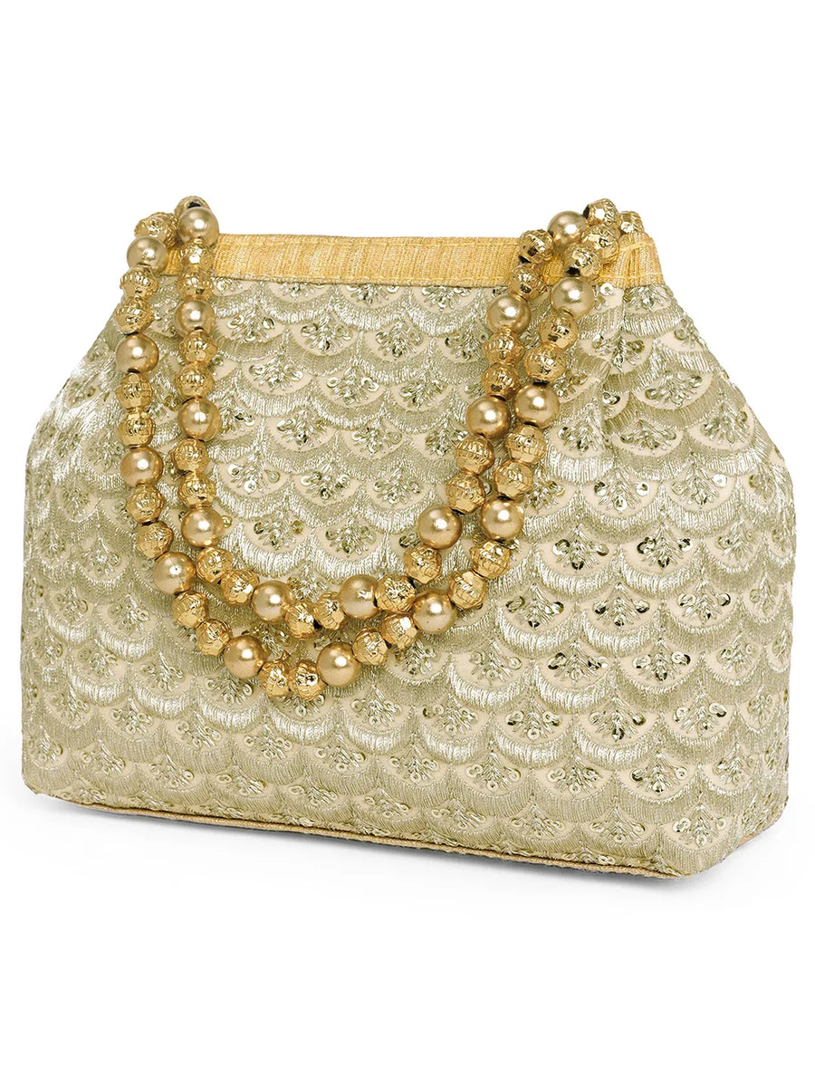 Gold potli bag named Handmade Zari Sequin Potli Bag, featuring artificial beads detailing and soft fabric texture | Peora
