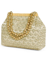 Gold potli bag named Handmade Zari Sequin Potli Bag, featuring artificial beads detailing and soft fabric texture | Peora

