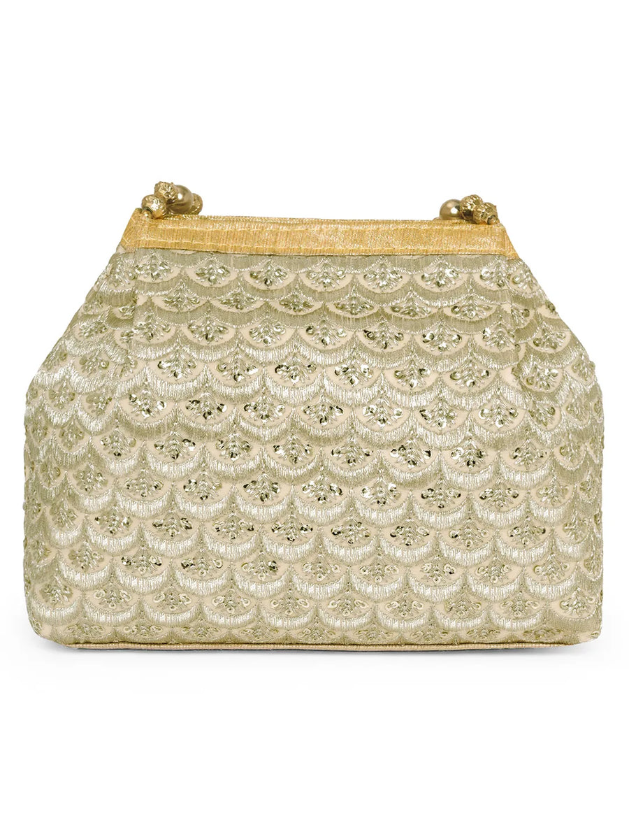 Gold potli bag named Handmade Zari Sequin Potli Bag, featuring artificial beads detailing and soft fabric texture | Peora
