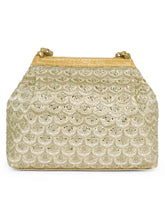Gold potli bag named Handmade Zari Sequin Potli Bag, featuring artificial beads detailing and soft fabric texture | Peora
