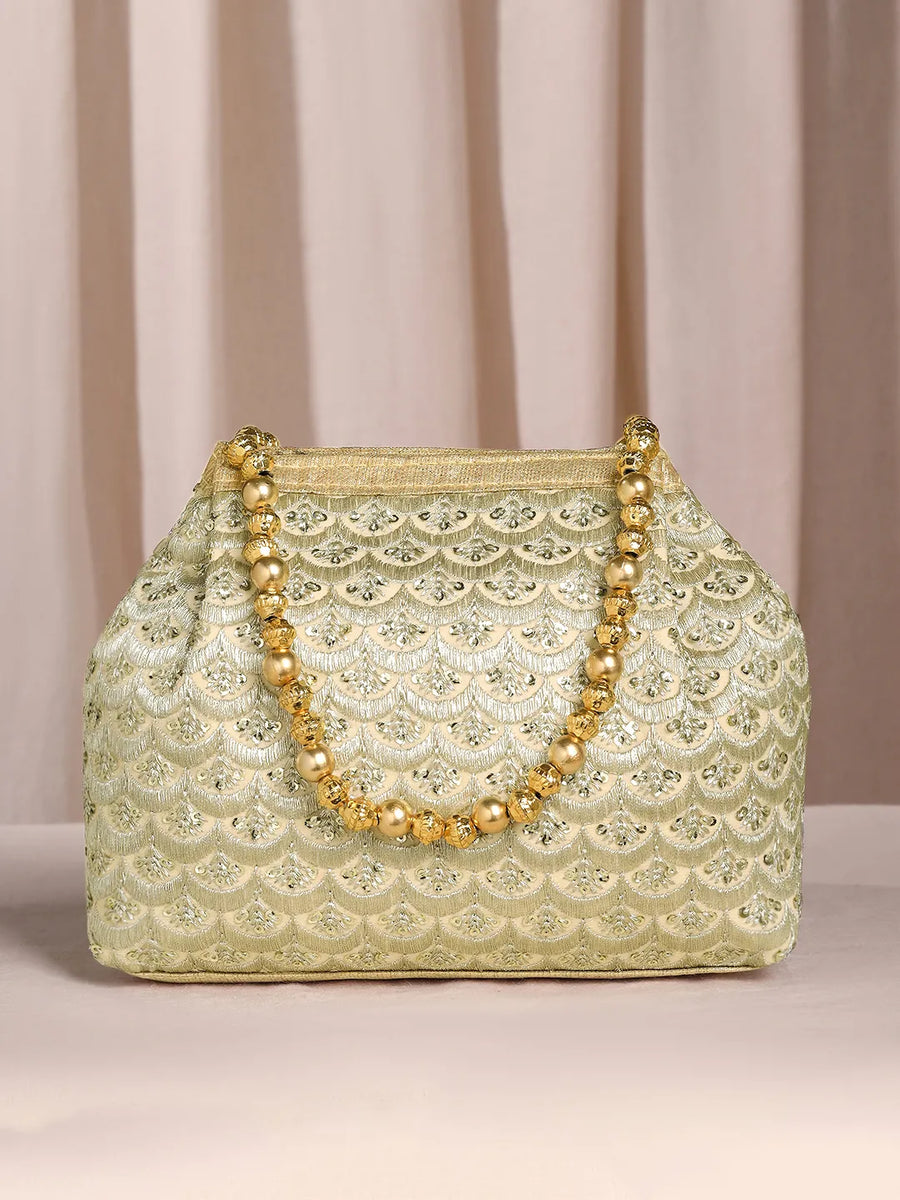 Gold potli bag named Handmade Zari Sequin Potli Bag, featuring artificial beads detailing and soft fabric texture | Peora
