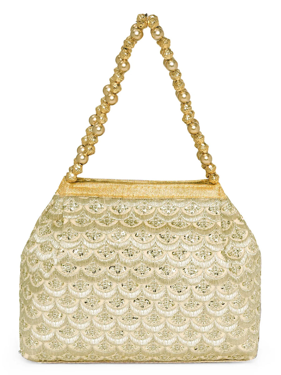 Gold potli bag named Handmade Zari Sequin Potli Bag, featuring artificial beads detailing and soft fabric texture | Peora
