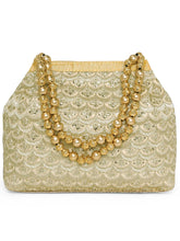 Gold potli bag named Handmade Zari Sequin Potli Bag, featuring artificial beads detailing and soft fabric texture | Peora
