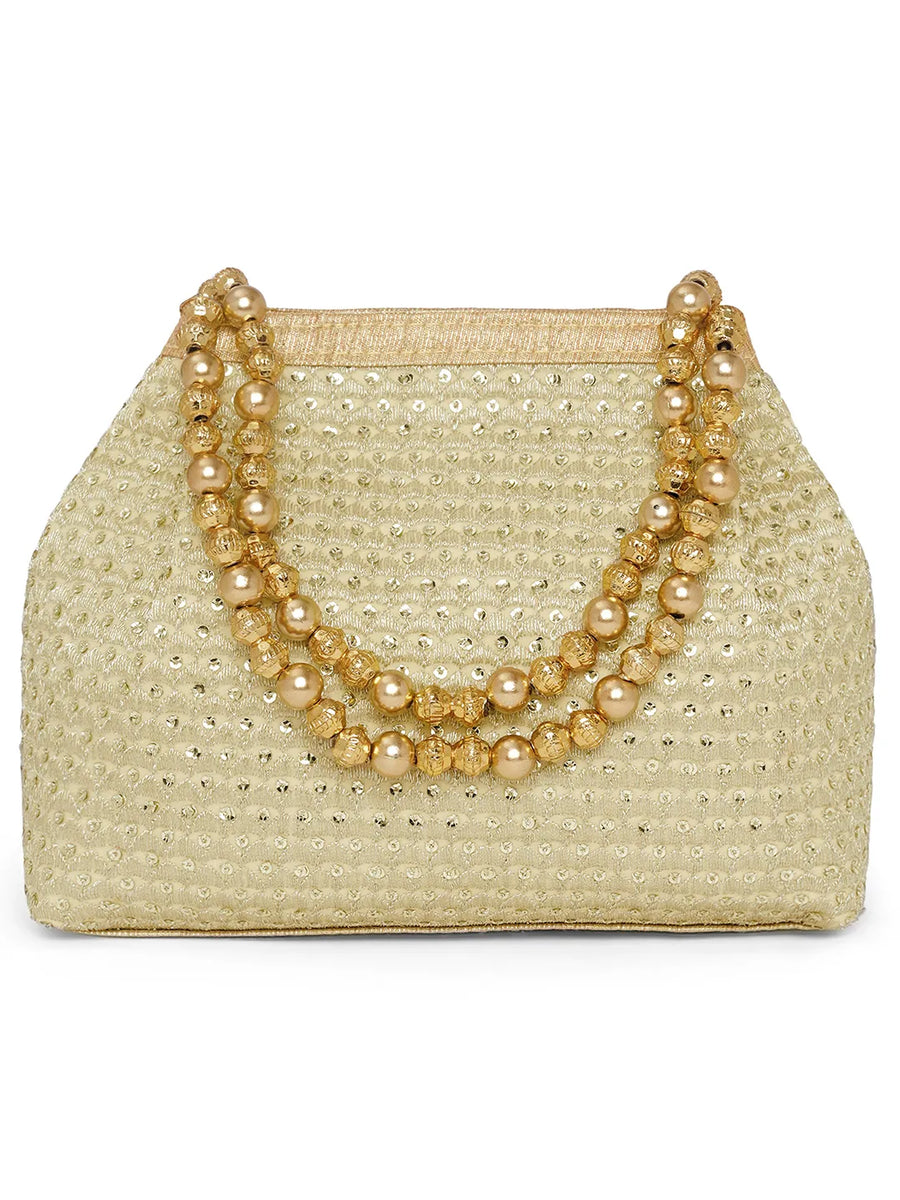 Gold potli bag named Handmade Zari Sequin Potli Bag, featuring artificial beads detailing and soft fabric texture | Peora
