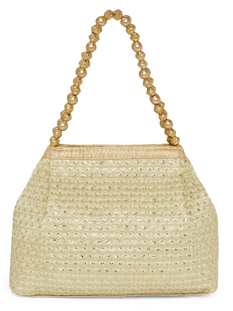 Gold potli bag named Handmade Zari Sequin Potli Bag, featuring artificial beads detailing and soft fabric texture | Peora

