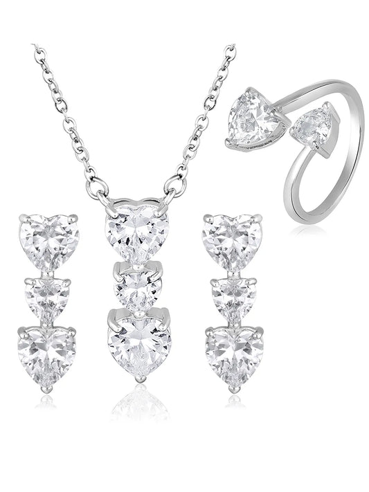 Silver necklace earrings ring set crafted from alloy, adorned with crystals for an elegant, timeless look | Peora
