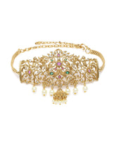 Intricate Filigree Armlet Design in Gold - Rani Pink Green featuring Faux Kundan & Beads armlet/baju band 
