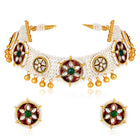 Glowing Gleaming Pearls Choker Set Gold choker necklace set with pearls, green stones, red meenakari work, and Kundan embellishments – best selling jewellery from Peora