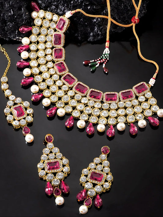 Royal Radiance Choker Set with Crystal - Rani Pink