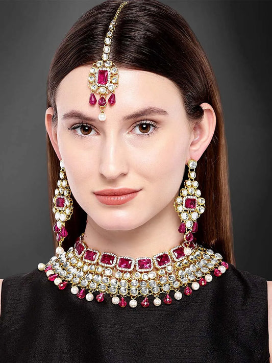 Royal Radiance Choker Set with Crystal - Rani Pink