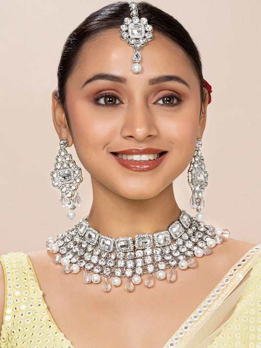 Royal Radiance Choker Set with Crystal - Rodium White