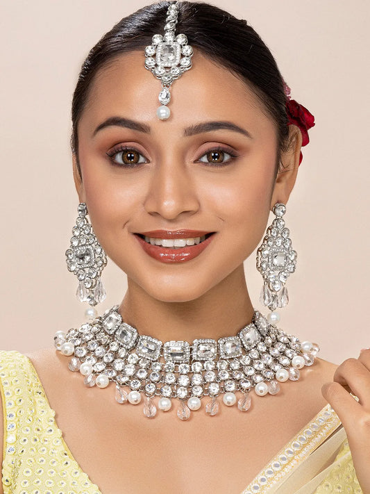 Royal Radiance Choker Set with Crystal - Rodium White