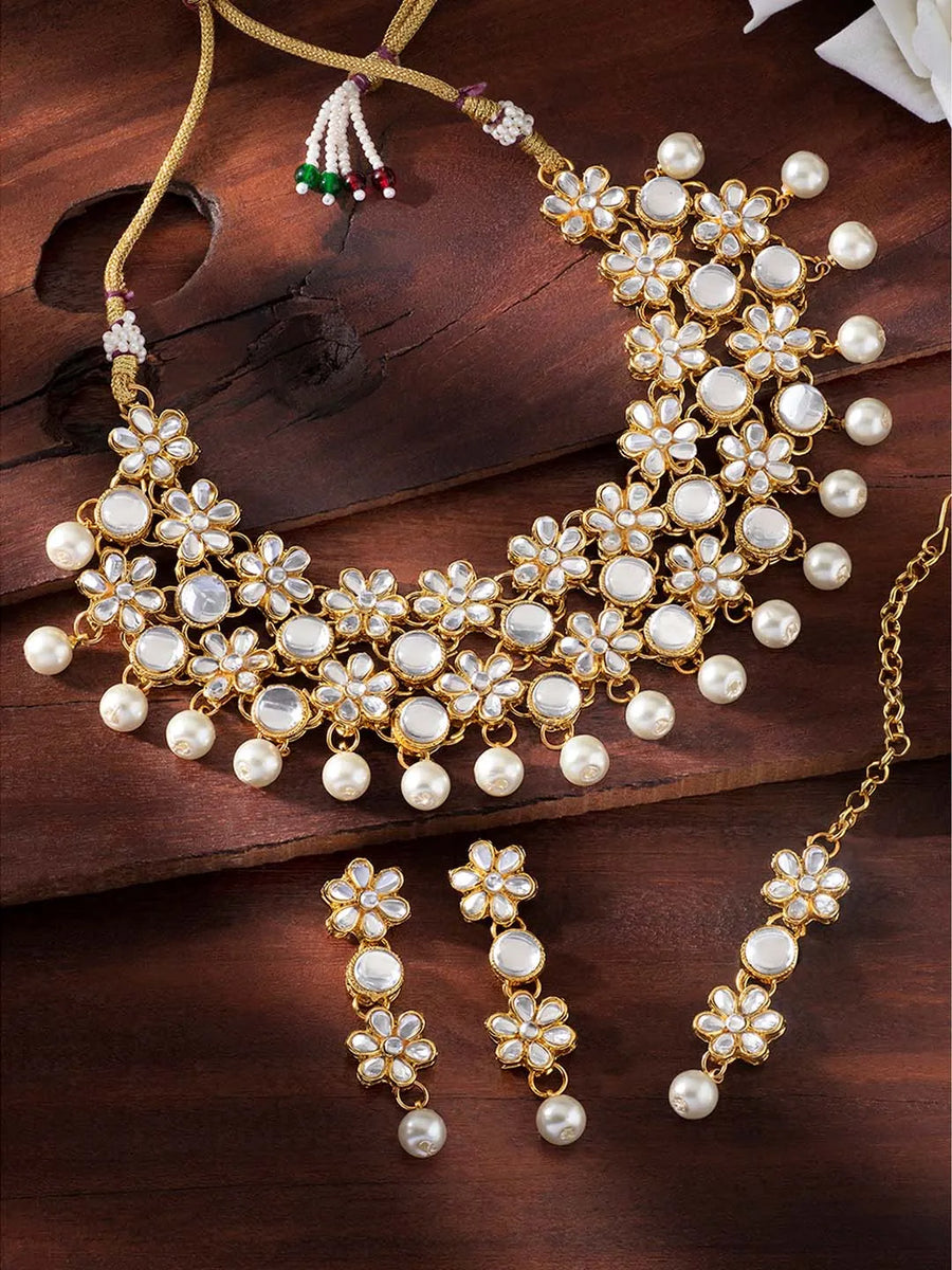 Floral Kundan Pearl Necklace & Tikka