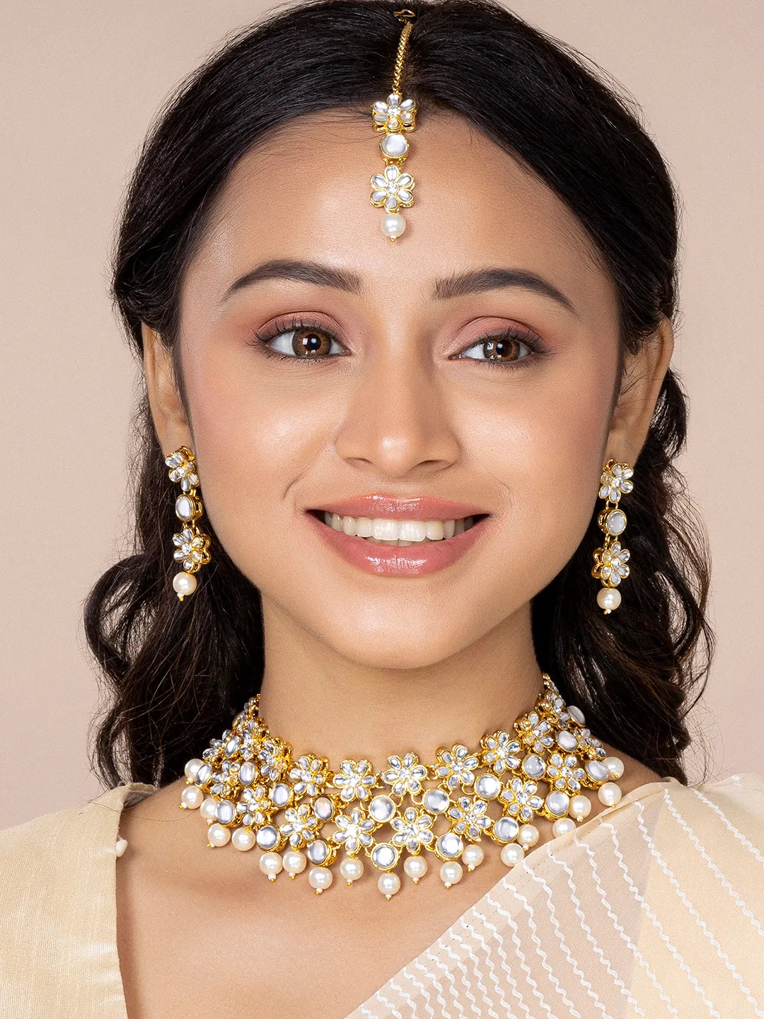 Floral Kundan Pearl Necklace & Tikka