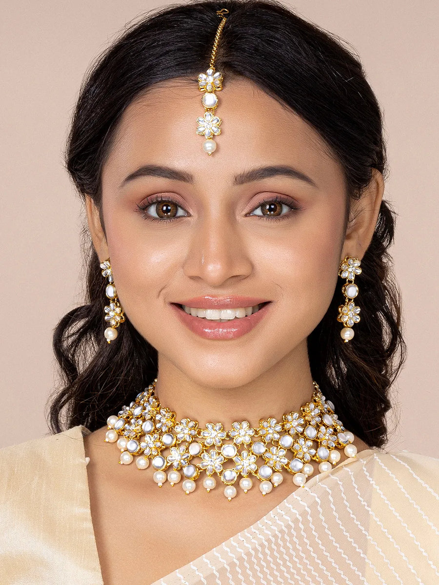 Floral Kundan Pearl Necklace & Tikka