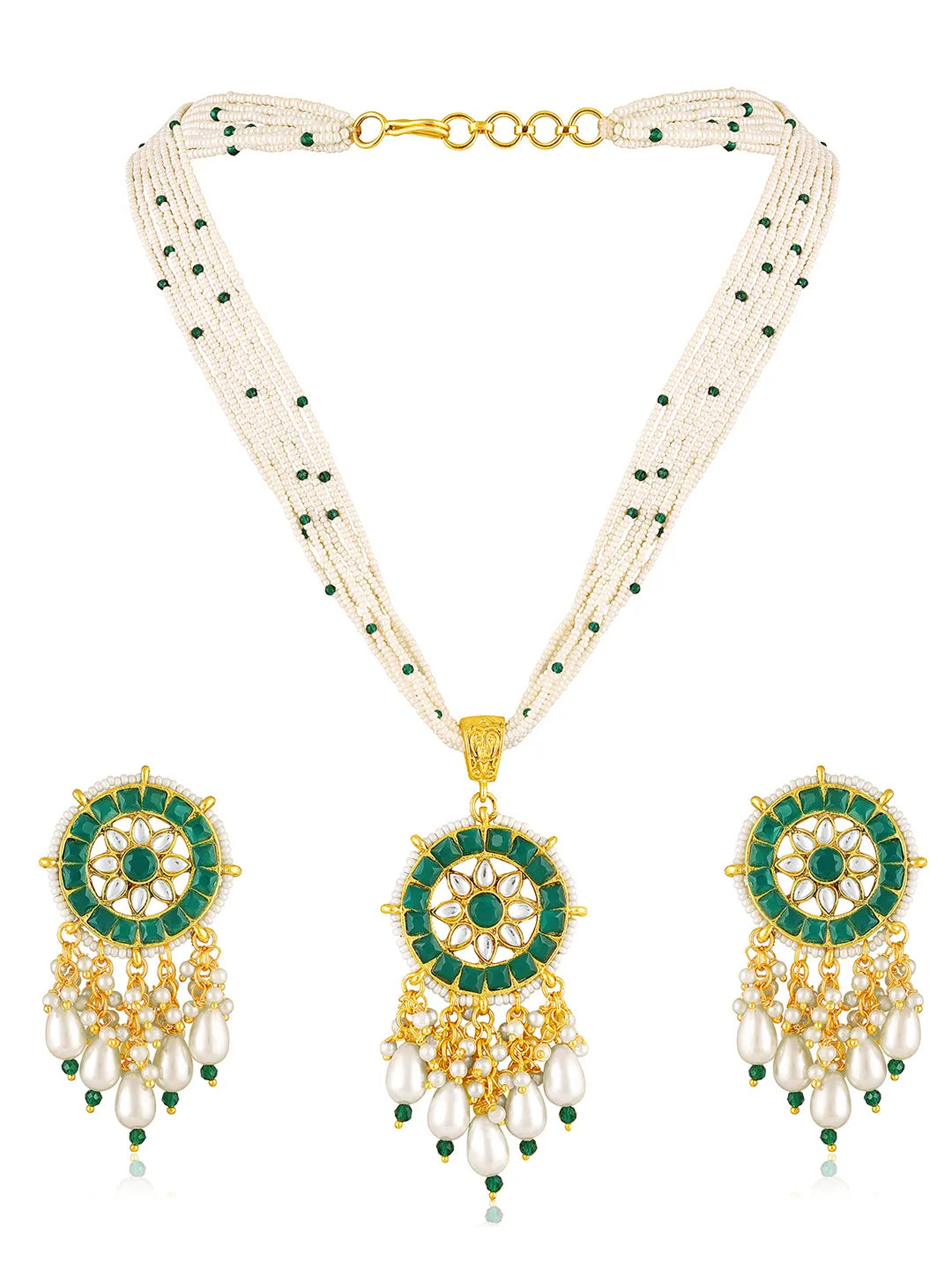 Green necklace earrings set crafted from alloy, adorned with kundan & beads for an elegant, timeless look | Peora
