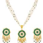Green necklace earrings set crafted from alloy, adorned with kundan & beads for an elegant, timeless look | Peora
