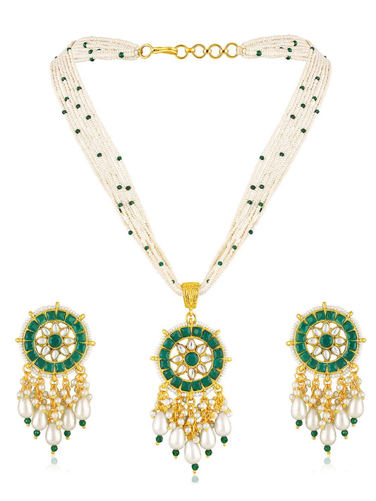 Green necklace earrings set crafted from alloy, adorned with kundan & beads for an elegant, timeless look | Peora
