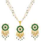 Green necklace earrings set crafted from alloy, adorned with kundan & beads for an elegant, timeless look | Peora
