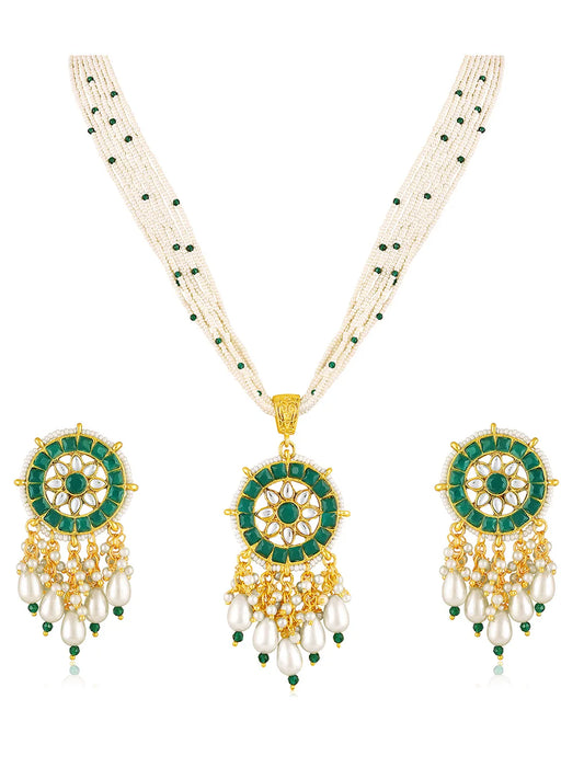 Green necklace earrings set crafted from alloy, adorned with kundan & beads for an elegant, timeless look | Peora
