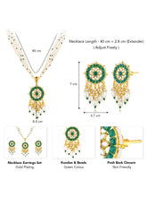 Green necklace earrings set crafted from alloy, adorned with kundan & beads for an elegant, timeless look | Peora
