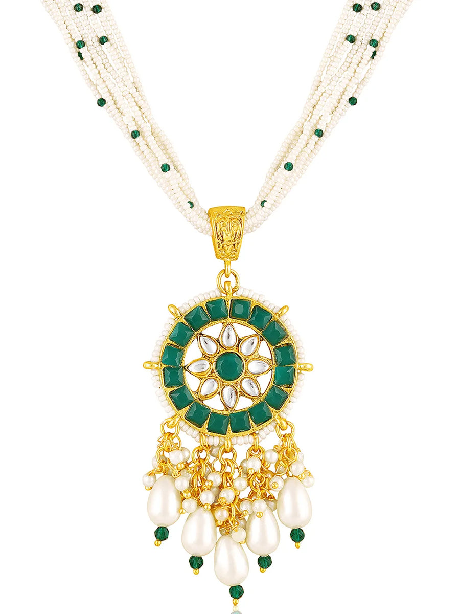 Green necklace earrings set crafted from alloy, adorned with kundan & beads for an elegant, timeless look | Peora
