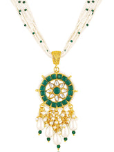 Green necklace earrings set crafted from alloy, adorned with kundan & beads for an elegant, timeless look | Peora
