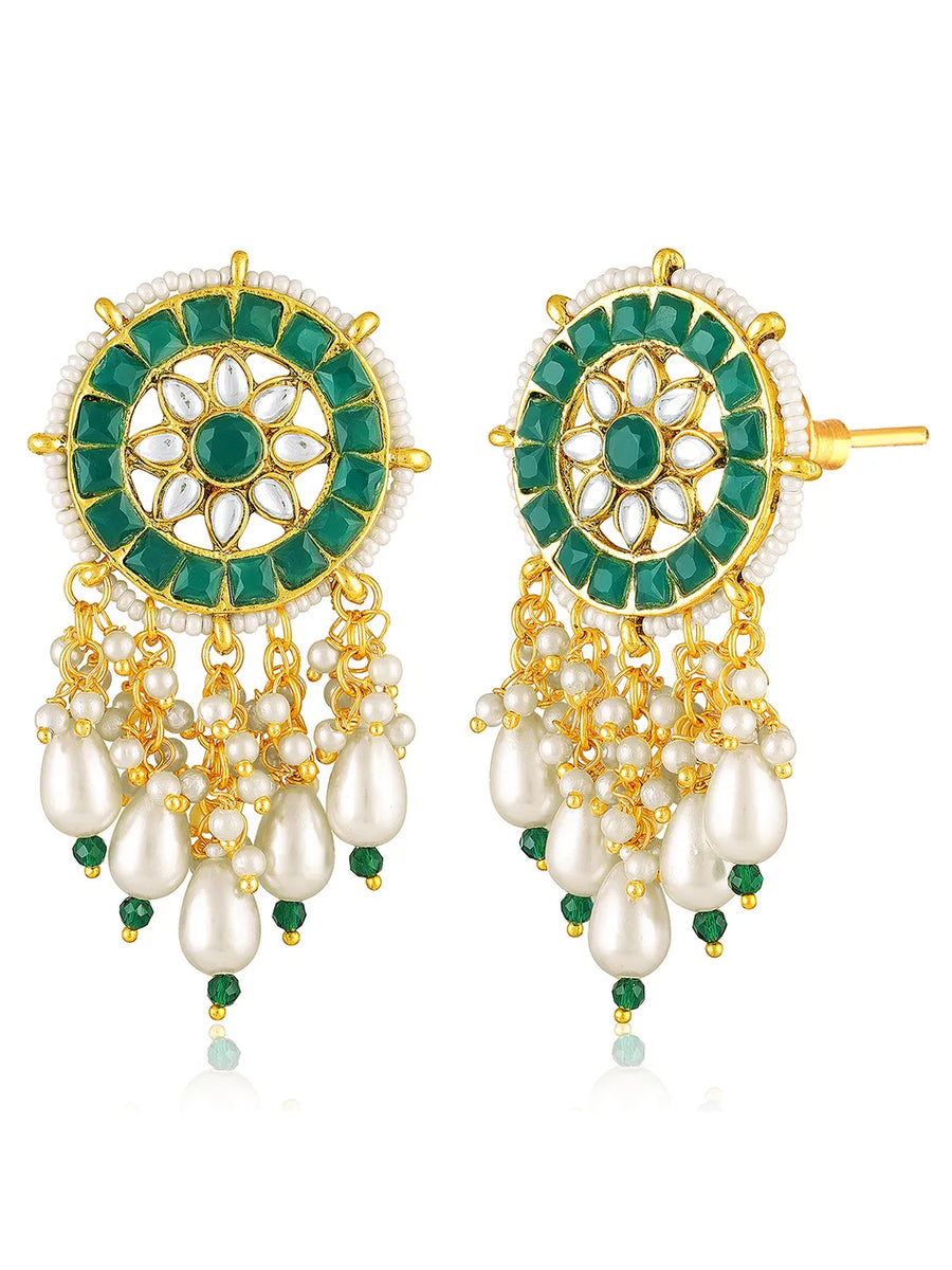 Green necklace earrings set crafted from alloy, adorned with kundan & beads for an elegant, timeless look | Peora
