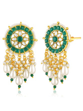 Green necklace earrings set crafted from alloy, adorned with kundan & beads for an elegant, timeless look | Peora
