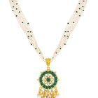 Green necklace earrings set crafted from alloy, adorned with kundan & beads for an elegant, timeless look | Peora
