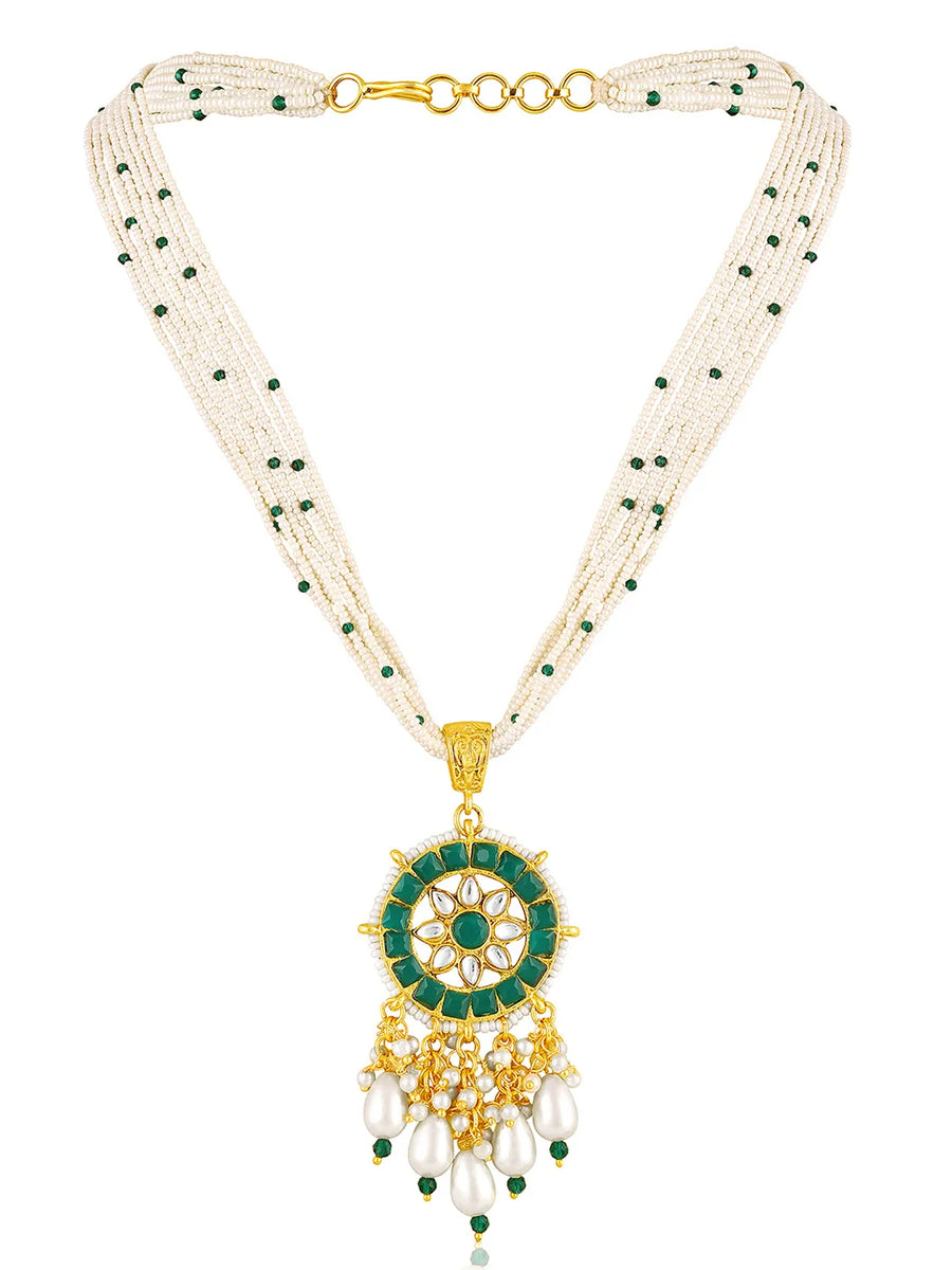 Green necklace earrings set crafted from alloy, adorned with kundan & beads for an elegant, timeless look | Peora
