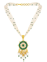 Green necklace earrings set crafted from alloy, adorned with kundan & beads for an elegant, timeless look | Peora
