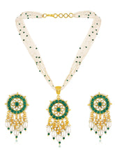 Green necklace earrings set crafted from alloy, adorned with kundan & beads for an elegant, timeless look | Peora
