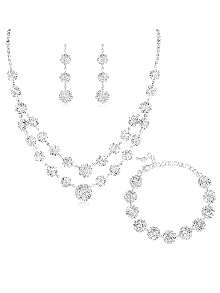 White necklace earrings bracelet set crafted from alloy, adorned with crystals & cubic zirconia for an elegant, timeless look | Peora
