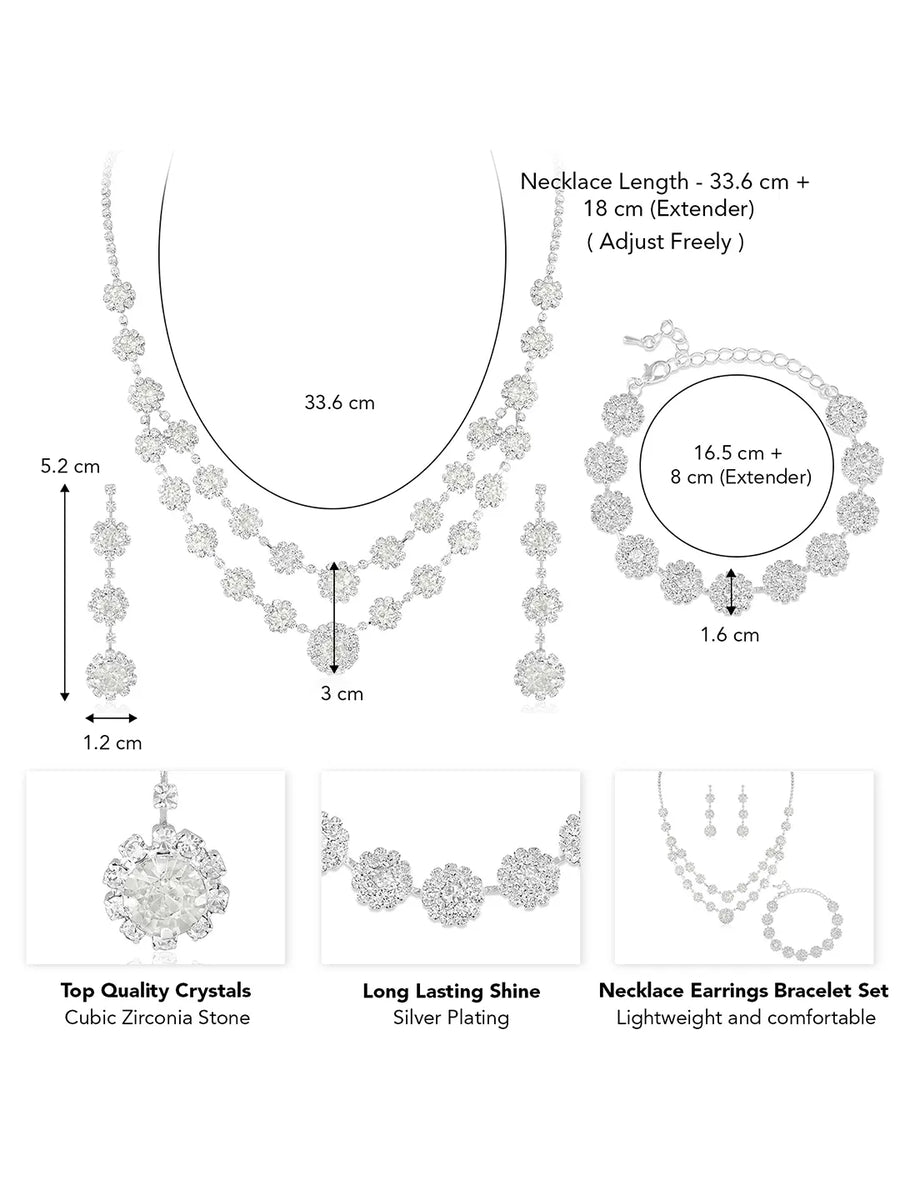 White necklace earrings bracelet set crafted from alloy, adorned with crystals & cubic zirconia for an elegant, timeless look | Peora
