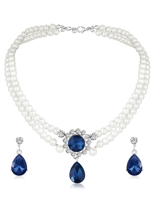 White-Blue necklace earrings set crafted from alloy, adorned with pearls cubic zirconia & crystal for an elegant, timeless look | Peora
