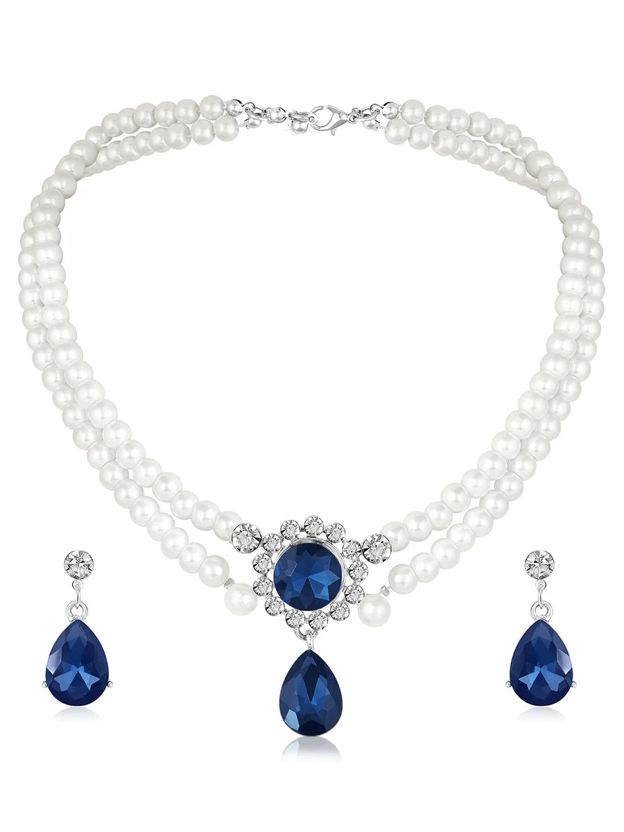 White-Blue necklace earrings set crafted from alloy, adorned with pearls cubic zirconia & crystal for an elegant, timeless look | Peora
