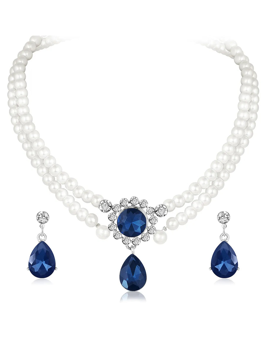 White-Blue necklace earrings set crafted from alloy, adorned with pearls cubic zirconia & crystal for an elegant, timeless look | Peora
