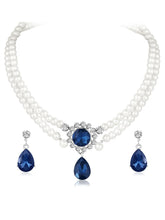 White-Blue necklace earrings set crafted from alloy, adorned with pearls cubic zirconia & crystal for an elegant, timeless look | Peora
