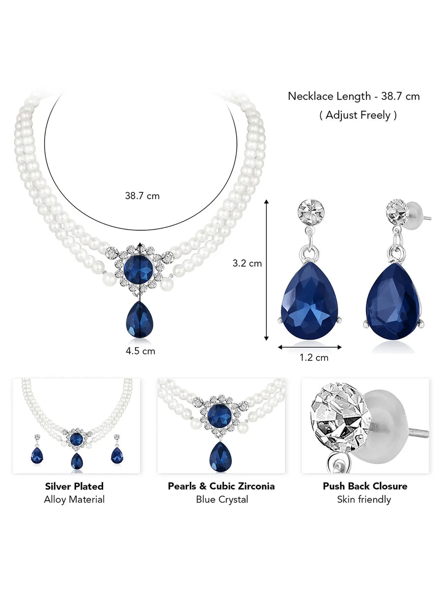 White-Blue necklace earrings set crafted from alloy, adorned with pearls cubic zirconia & crystal for an elegant, timeless look | Peora

