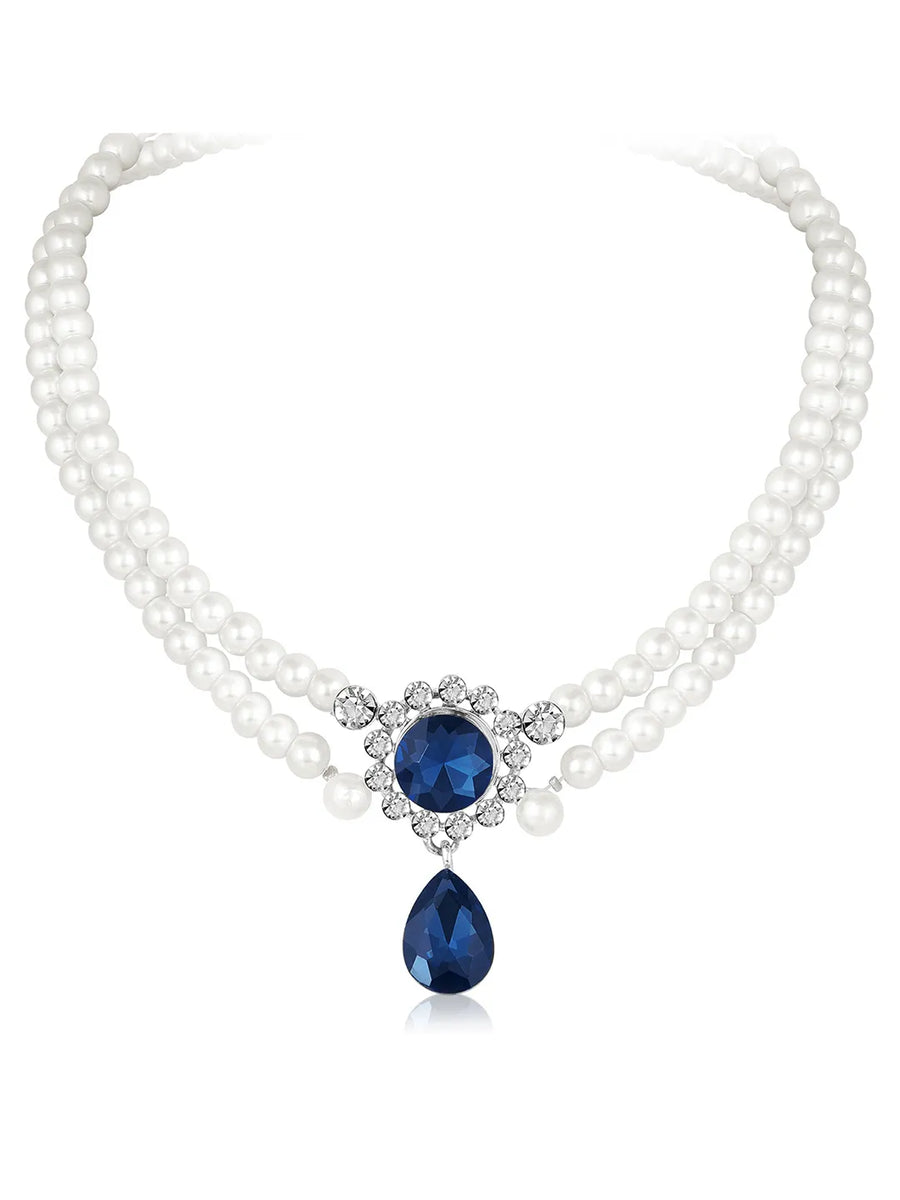 White-Blue necklace earrings set crafted from alloy, adorned with pearls cubic zirconia & crystal for an elegant, timeless look | Peora
