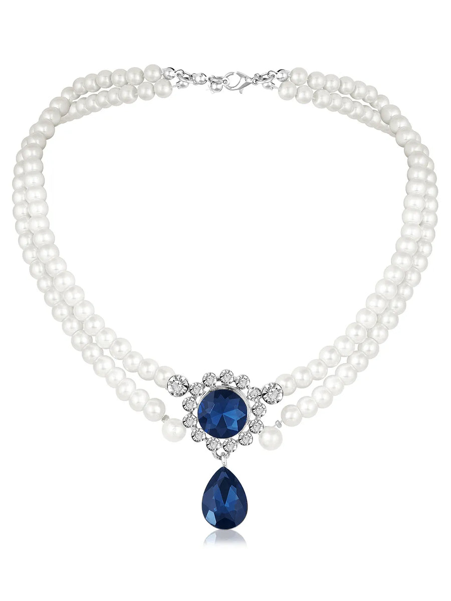 White-Blue necklace earrings set crafted from alloy, adorned with pearls cubic zirconia & crystal for an elegant, timeless look | Peora
