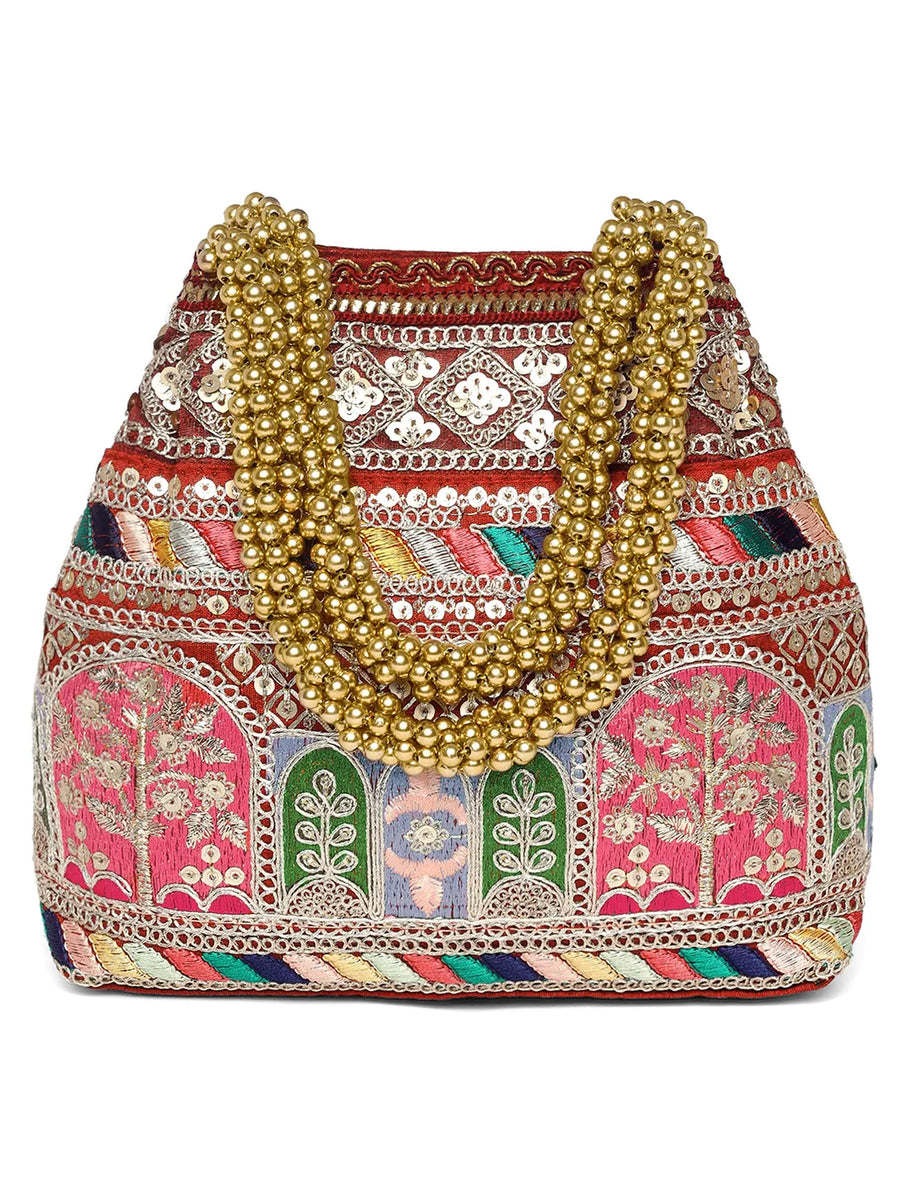 Maroon potli bag named Ethnic Embroidered Potli Purse, featuring artificial beads detailing and soft fabric texture | Peora
