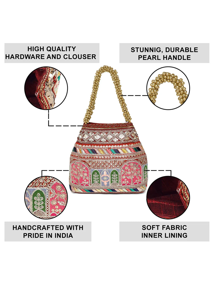 Maroon potli bag named Ethnic Embroidered Potli Purse, featuring artificial beads detailing and soft fabric texture | Peora

