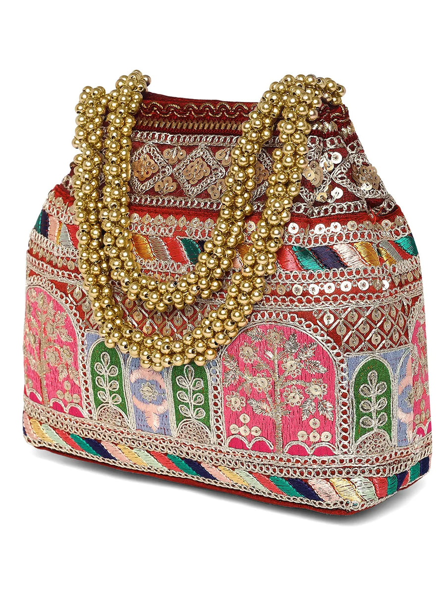 Maroon potli bag named Ethnic Embroidered Potli Purse, featuring artificial beads detailing and soft fabric texture | Peora
