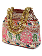 Maroon potli bag named Ethnic Embroidered Potli Purse, featuring artificial beads detailing and soft fabric texture | Peora
