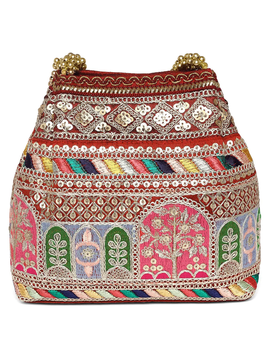 Maroon potli bag named Ethnic Embroidered Potli Purse, featuring artificial beads detailing and soft fabric texture | Peora
