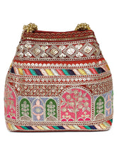 Maroon potli bag named Ethnic Embroidered Potli Purse, featuring artificial beads detailing and soft fabric texture | Peora
