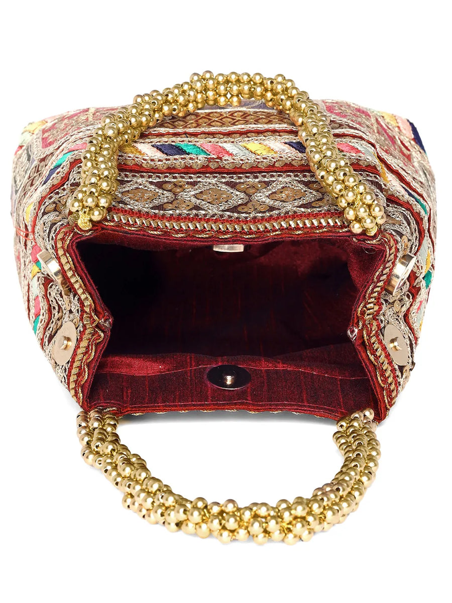 Maroon potli bag named Ethnic Embroidered Potli Purse, featuring artificial beads detailing and soft fabric texture | Peora
