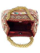 Maroon potli bag named Ethnic Embroidered Potli Purse, featuring artificial beads detailing and soft fabric texture | Peora
